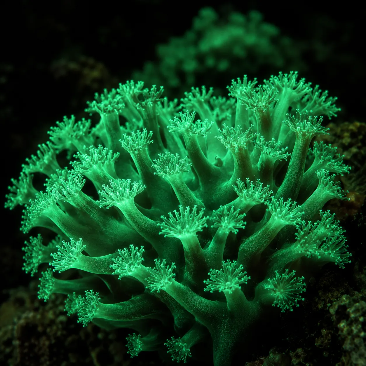A bioluminescent coral colony in the deep.