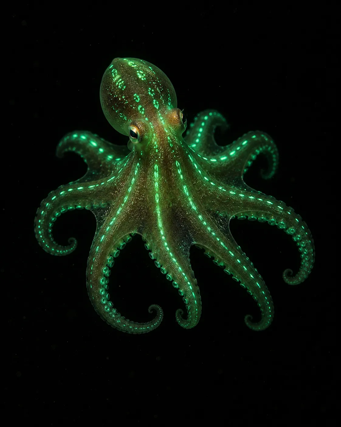 A small octopus pulsing with emerald light.