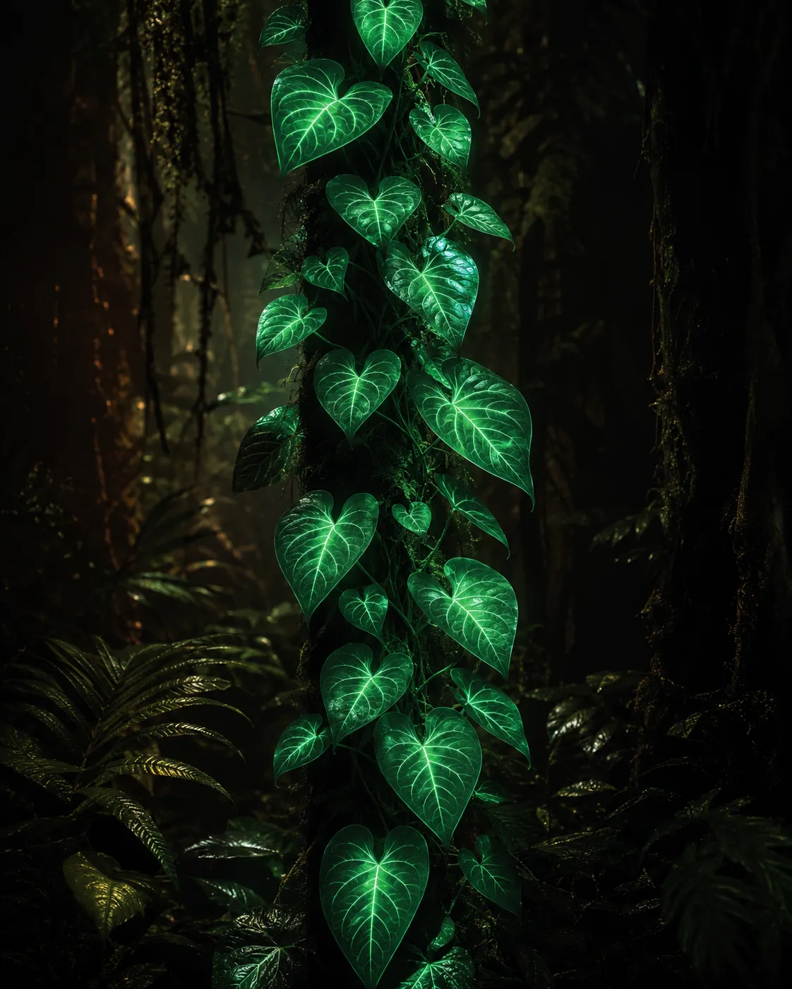 A glowing vine climbing in the night jungle.