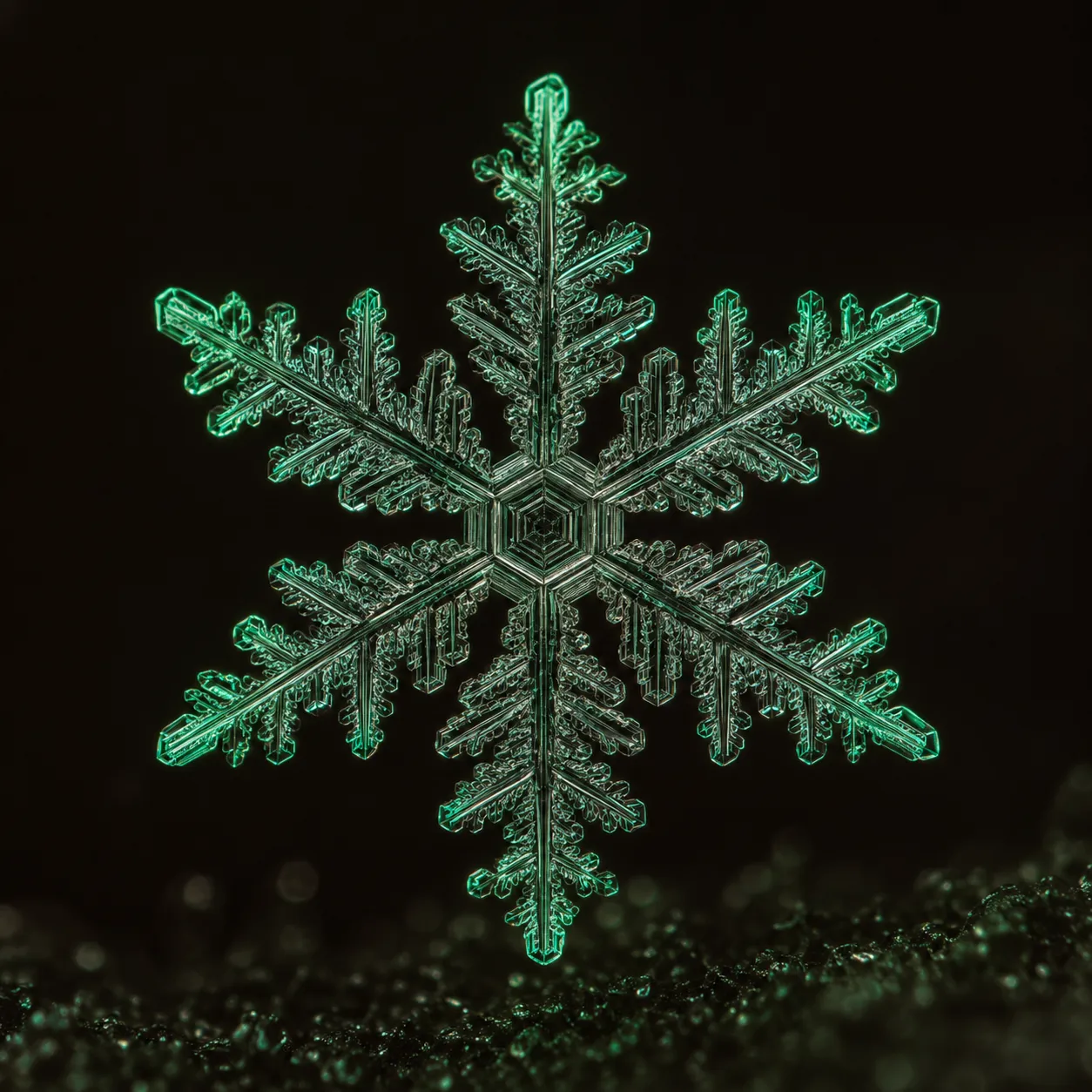 A six-fold snowflake, lit emerald.