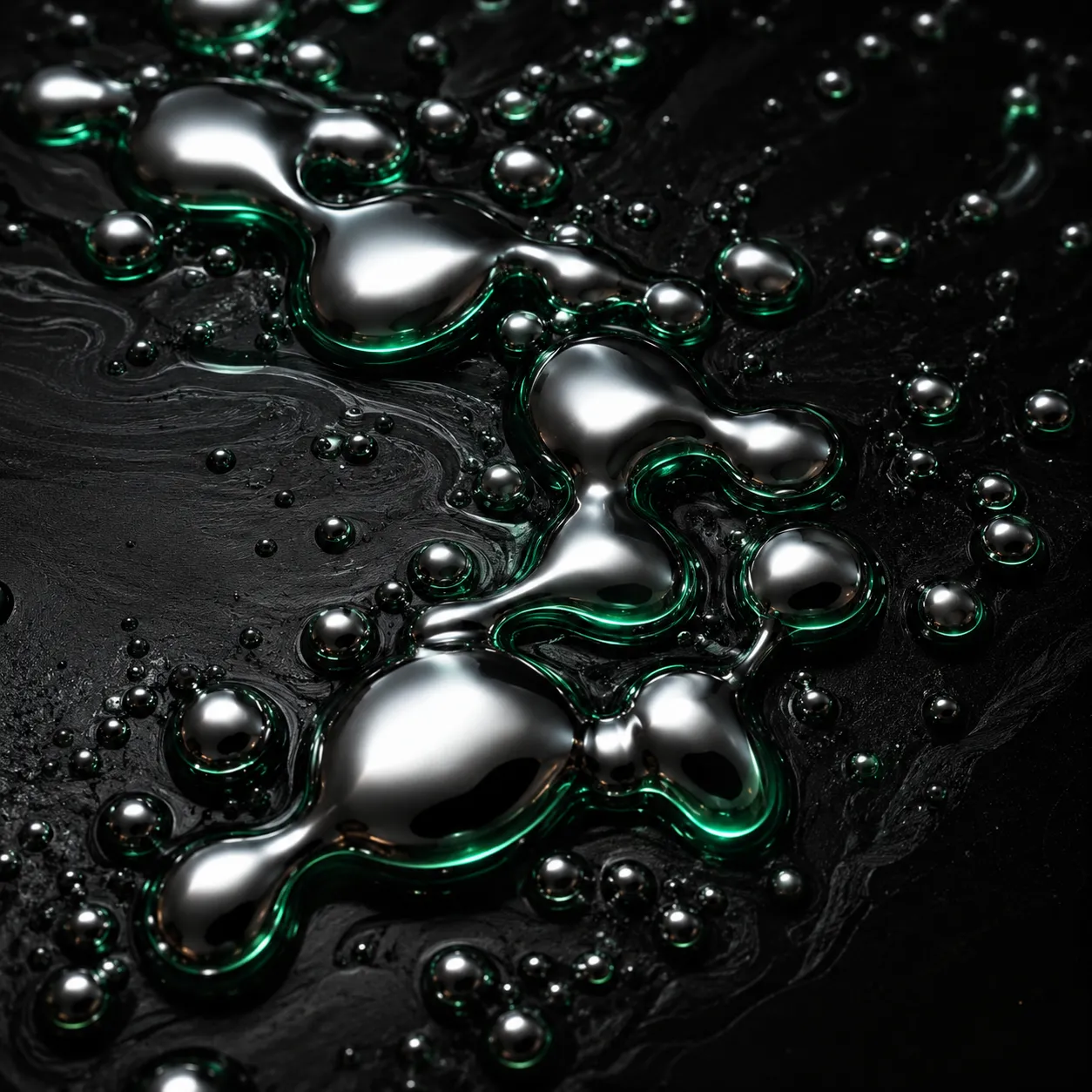 Liquid metal beading on black, traced in emerald.