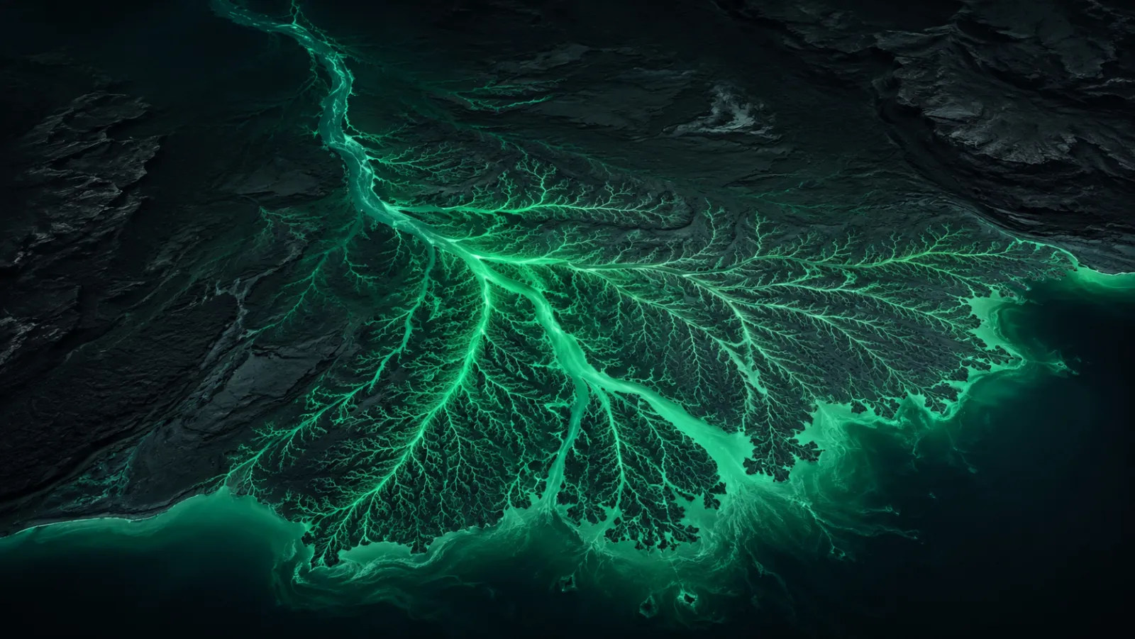 A river delta as a glowing emerald network.