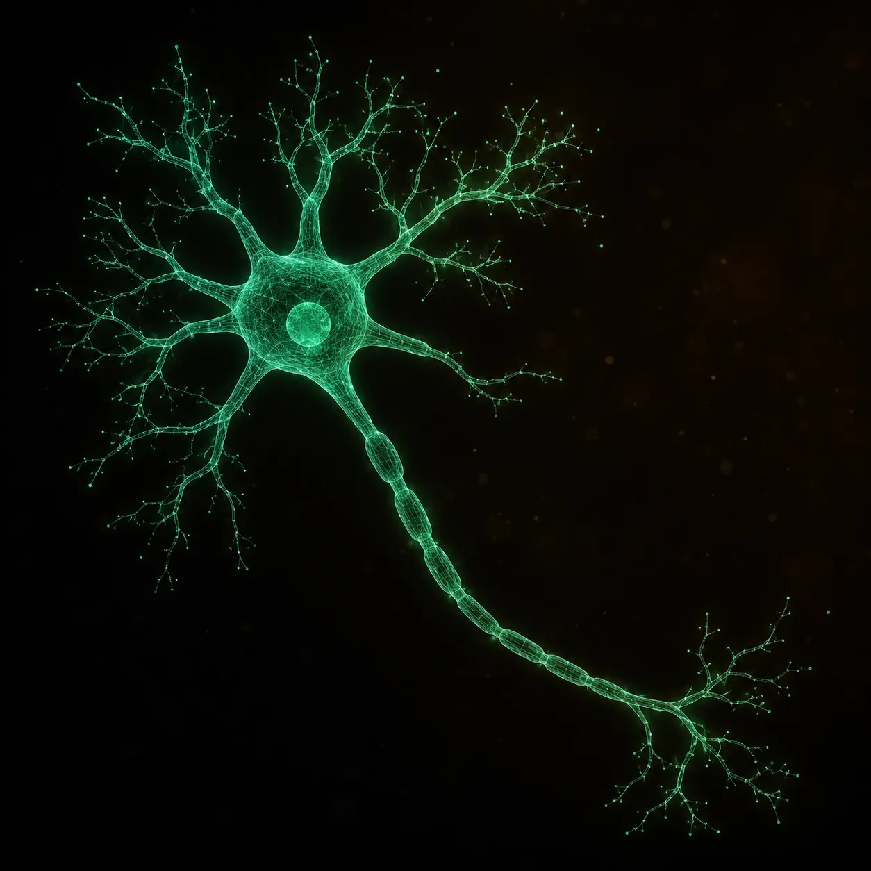 A single neuron as a glowing wireframe.