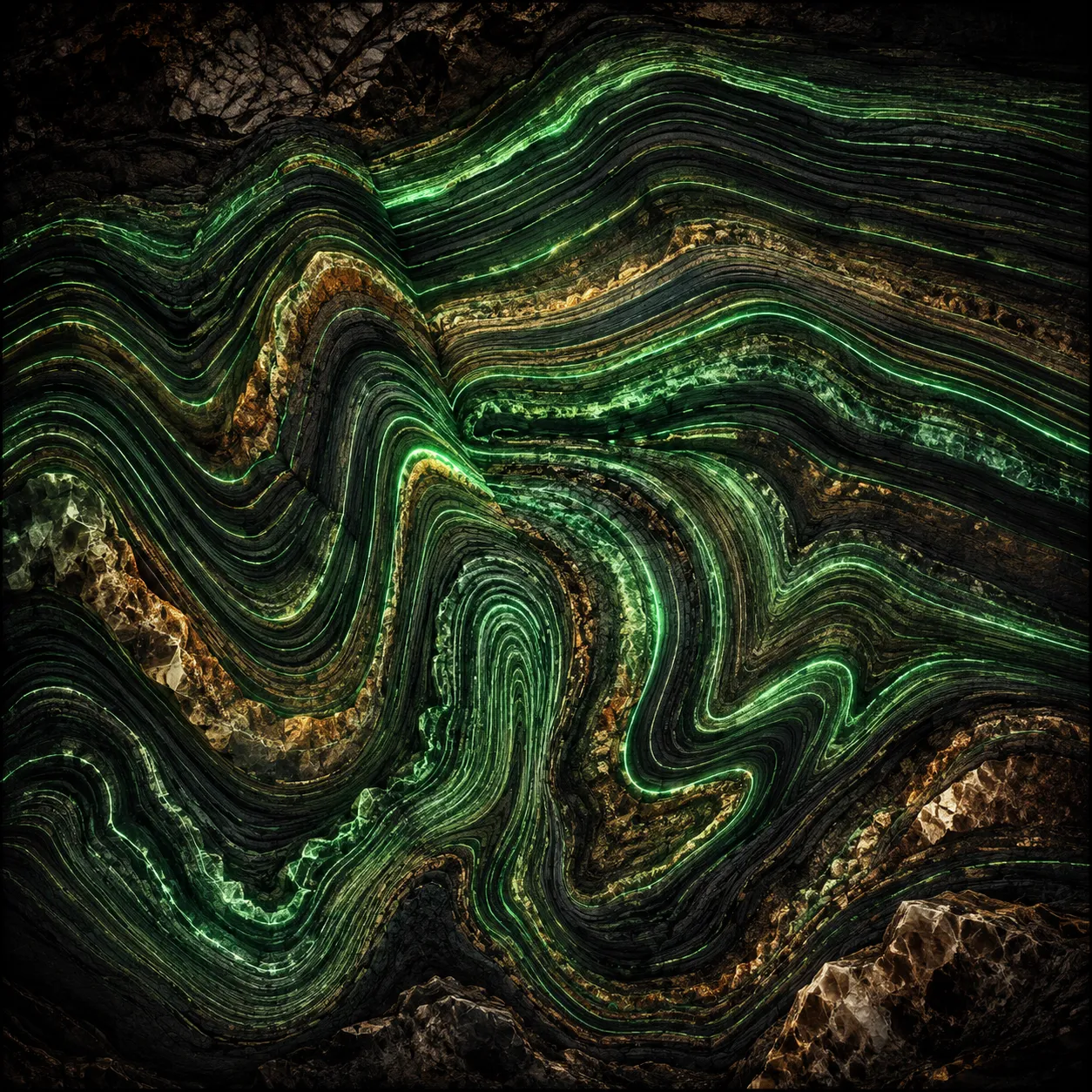 Rock strata drawn as glowing contour lines.