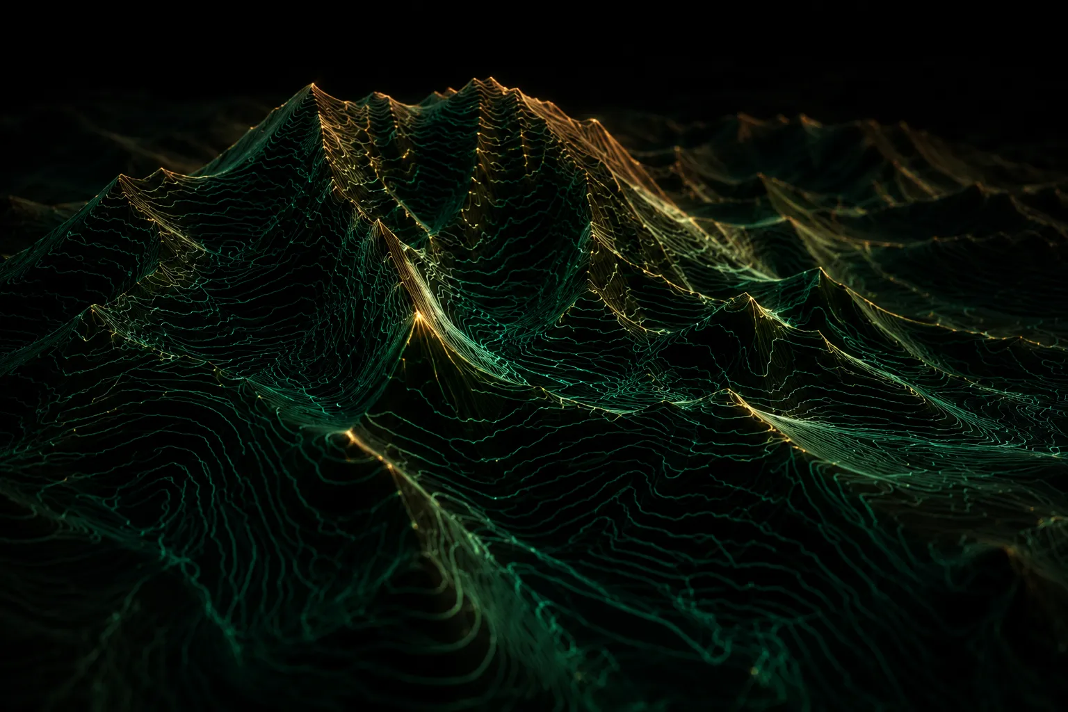Glowing isolines over dark terrain.