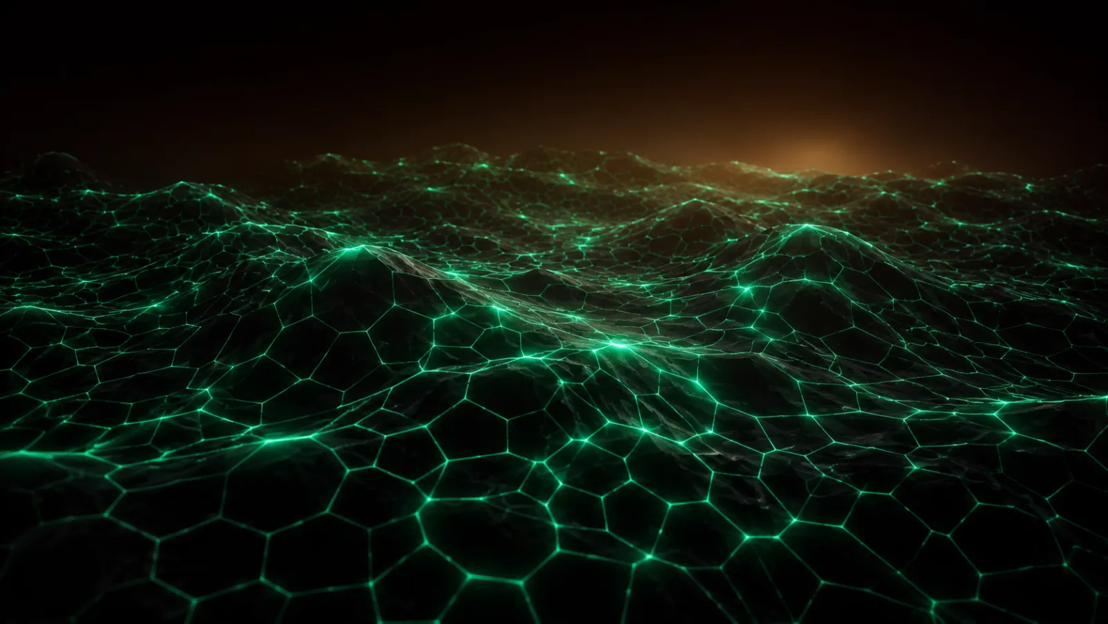 Voronoi cells glowing across dark terrain.