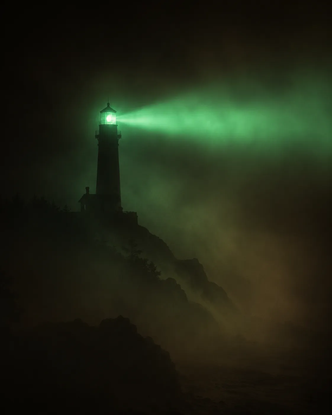 A lighthouse beam through emerald fog.