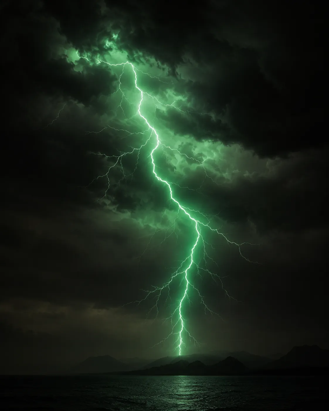 Emerald lightning over a dark sea.